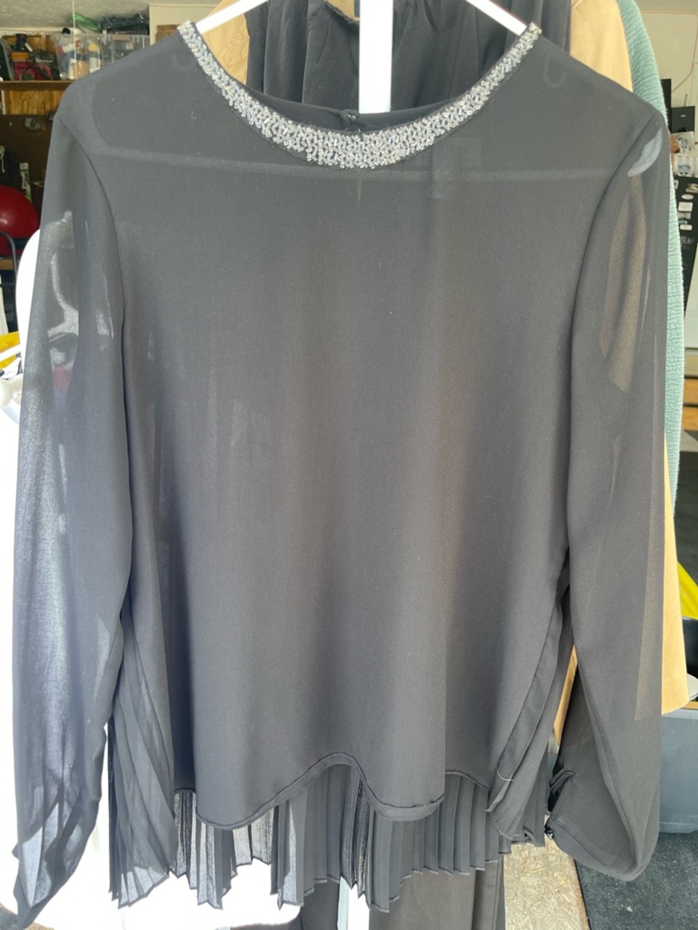 Carmen Marc Valvo Black Dress Top with Silver Beaded Neckline